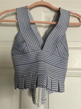 Textured Blue and White V-Neck Peplum Crop Top